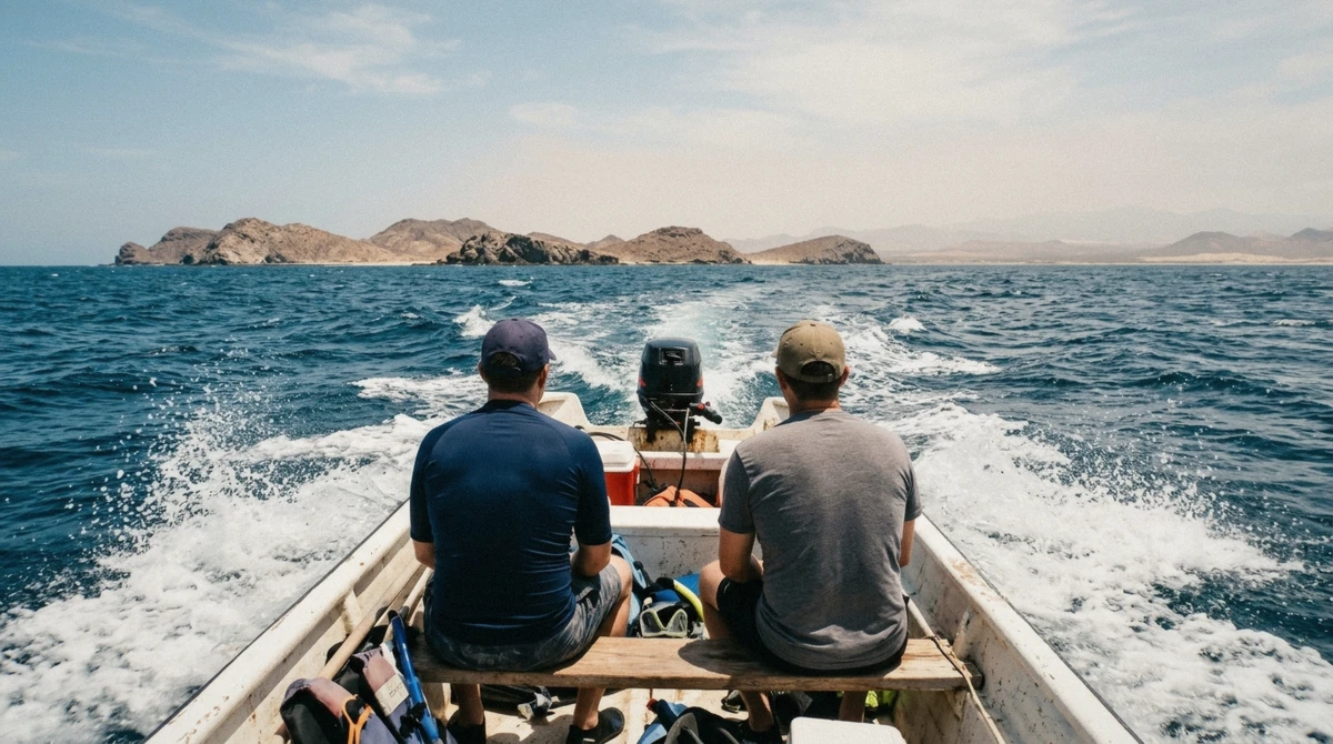 Snorkeling boat crossing choppy water to the Daymaniyat Islands, showing summer sea conditions on the best time to visit