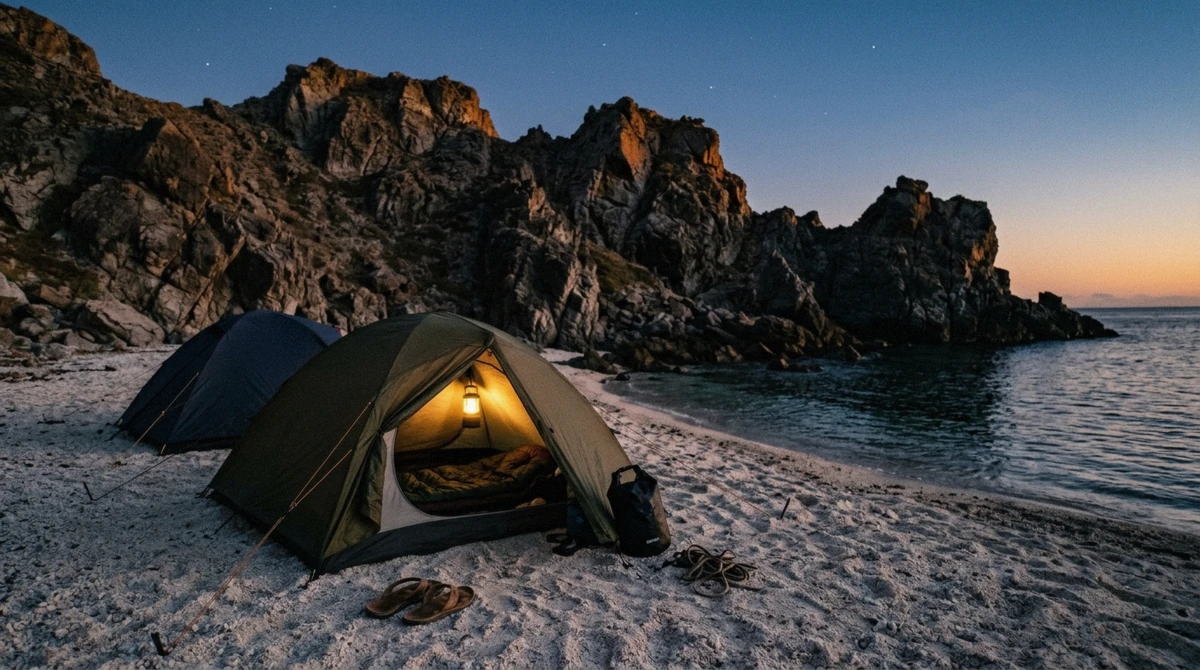 Tents pitched on a white sand beach at the Daymaniyat Islands during the November to April camping season in Oman