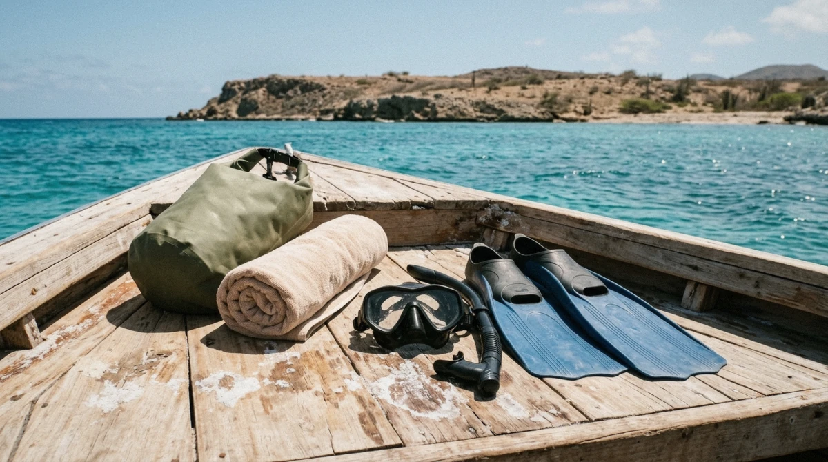 Mask, snorkel and fins on a boat deck before a Daymaniyat Islands snorkeling tour, showing what the tour price includes in Oman