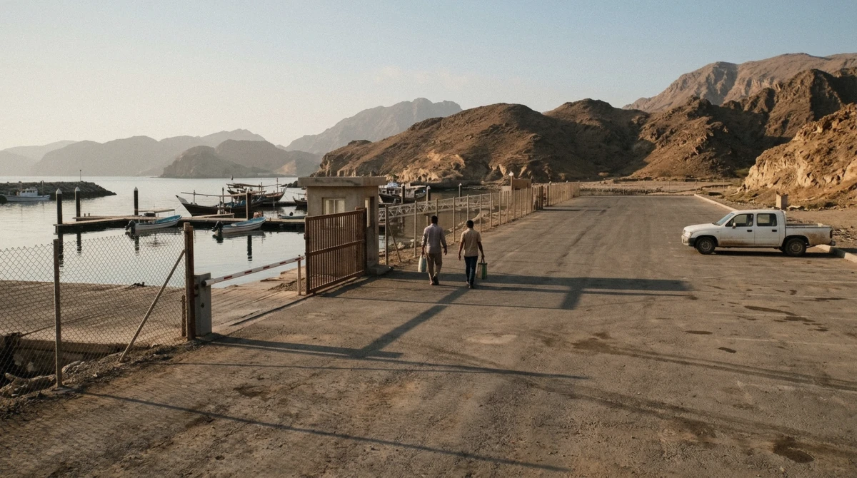 Car park and jetty entrance at a Muscat marina where boats leave for the Daymaniyat Islands
