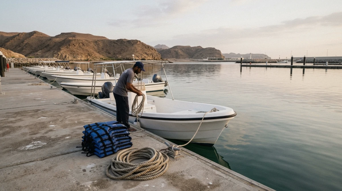 Snorkeling boats at a Muscat marina before a Daymaniyat Islands tour, where the tour price is confirmed at check-in