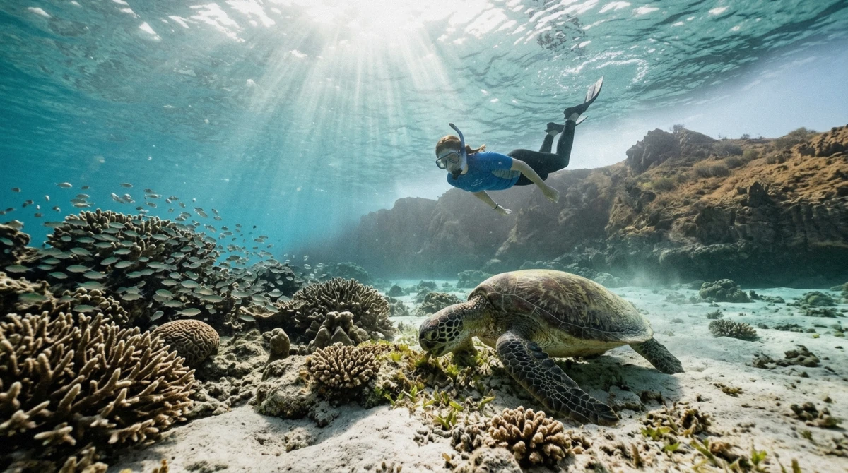 Green turtle feeding below a snorkeler at the Daymaniyat Islands, the year-round highlight whatever the best time to visit